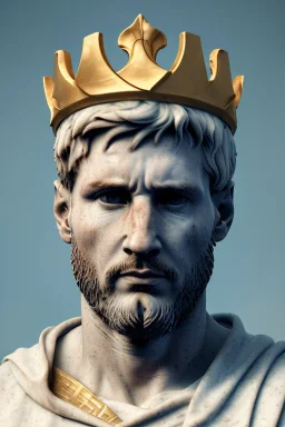 Ultra Realistic image, Roman sculpture, white marble material, Lionel Messi, gold laurel crown, god crown, Renaissance style, sun rays background, waist up portrait, epic, celestial, cinematic lighting, God lights, 4k resolution, smooth details, soft lighting, unreal engine 5, art station, substance 3d.