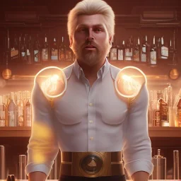 large superhero man wearing a white shirt, big belly, blonde hair sticking out at the sides, standing in a bar, illumination, brilliant coloring, smooth, sharp focus, crispy quality, vray; Artstation; HD, HDR, SF, CGSociety, 16k, photorealistic, unreal engine