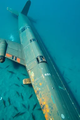 A military airplane from II world war crashed in the deep water of the ocean , sharks and fish around are swimming the plane looks old and damaged deep in the water.