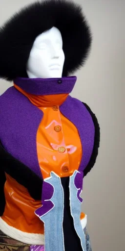 Caucasian white woman black hair. average body type. big head. Mantle is sewed of recycled Denim and sewed together of camouflage pieces. Patterns are composed of orange, cream, blue, lilac and purple. blue latex gaiters. It is with big bright purple felt tippet and cream-colored-hood. mantle is merged with tippet. Big AKG-style headphones (gold rings!) is merged with small felt cap with small visor. Style: Haute Couture in 1910's, Paris fashion in 1998, inspired by street art.