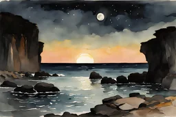 Night, rocks, cliffs, distant mountains, sci-fi, fantasy, winslow homer watercolor paintings