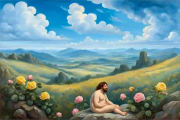 a handsome, fat man with a well-groomed, bearded face and long, curly hair. He is sitting naked on a rock, surrounded by a picturesque valley adorned with pink and yellow rose flowers. The spring sky above is adorned with breathtakingly beautiful clouds. like oil paintings 19th century