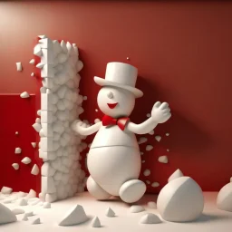 3d Christmas snowman, breaking out through a wall, plaster texture, white and red, 3d background