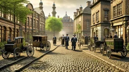 industrial steampunk street with cobbled pavement, steam cars, people, trees