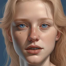 Create a hyper-realistic portrait of a blond young woman with detailed face features. Some pores on her skin and some freckles on her skin are visible.