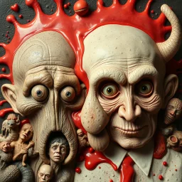The oddest composition and mixture of beings, details of the splop very accentuated, Max Ernst style, oniric, pompous, George Grosz, distorted, blatant, gross, mundane, analogic photography, clear focus, ZBrush
