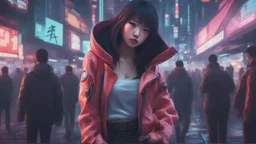 4k, hyper-realistic, Ultra-HD, Ray-tracing, cyberpunk, cybernetics, Asian, Female, short, jacket, carrying pistol, hacker, night time, bright signs, lively city, desktop wallpaper, cute