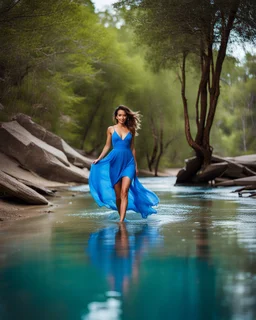 beautiful girl in pretty blue dress walking in water toward camera in trees next to wavy river with clear water and nice sands in floor.camera capture from her full body front