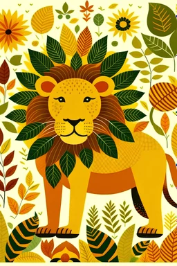 Create a vector art of vibrant gond art forest bliss with Madhya Pradesh lion with a sun and dense foliage of banana leafs and flowers