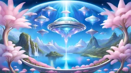 astronave di forma circolare argentata che vola sopra lago azzurro con cristallo blu trasparente nel centro, prati fioriti, celeste, rosa, oro, cascate, alberi tropicali, fiori di loto, spirali di luce, zampilli di luce, dettagli intricati, dettagli decorativi, fate con ali cangianti che volano sul lago, delfini rosa che saltano