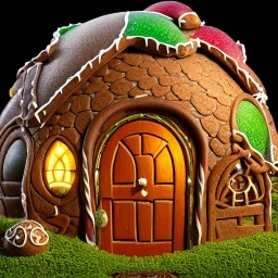 an intricate hobbit-style gingerbread house under a glass dome, rainbow sprinkles, frosting, 8k resolution, centered, high-quality, ultrafine-detail, digital art, flickering light, detailed matte, volumetric lighting, illustration, 3D octane render, brian froud, howard lyon, ben goossens, George Grie, greg rutowski, alphonse mucha