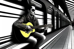 One single mature cat, guitar case, wearing clothes, sitting in the subway, Vienna, friendly, sunny day, model style, hyper realistic, extremely accurate, delicate, extremely detailed, Graphic novel style, wide-angle, open aperture, superfine pencil