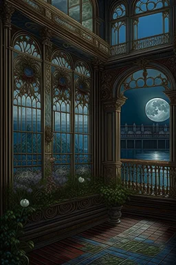 the balcony of the palace, moonlight, beautiful flowers, the surface of the water under the balcony like a mirror, mega-detailed drawing of small fine details, photorealistic drawing with colored pencil + pastel, ink, bright, botanical, fantasy, medieval atmosphere, cinematic, Art Nouveau, the camera is aimed at the object