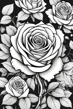 Create a black and white coloring page inspired of roses and animation figure with clear and smooth black bold outline, suitable for adults to color in a relaxing manner. Ensure that the images are free from messy elements and do not include grayscale. The patterns should be presented on a pure white background, providing a clean canvas for coloring. Emphasize the elegance of rose petals and the overall beauty of the flower. Avoid any break lines or harsh edges.
