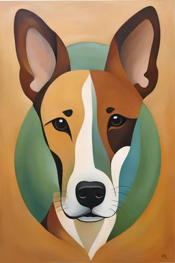 Eco-Minimalism" - Depict the idea of sustainability and eco-consciousness in a minimalist painting that incorporates organic shapes and earthy colors , classic modern art, face art of dog face metalic feel