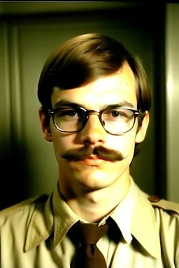 Young Jeffrey Dahmer in sheriff uniform with a mustache and glasses mugshot