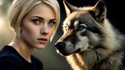 ultra realistic photograph of a very thin young woman with short blonde hair and blue eyes wearing a loose black teeshirt facing a large black wolf