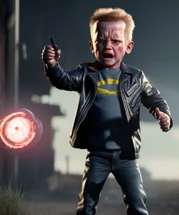 The Terminator toddler, full body, dramatic lighting, angry, hyper realistic