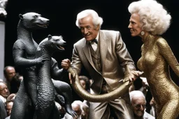 (crazy psychedelic high res photo by Ray Harryhausen) The first is tall, his skin gleaming like polished gold, with eyes that seem to reflect no light at all. The second is a woman with silver hair that writhes like serpents, her form shifting in and out of focus. The third bears no face at all, only a void where features should be, yet you can feel the intensity of its gaze boring into you like a physical force. These are not mere soldiers—they are embodiments of something darker, something tha