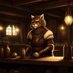 A khajiit with brown spotted fur in a medieval fantasy tavern