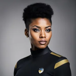 Beautiful young black woman, with short punk hair, in Star Trek uniform