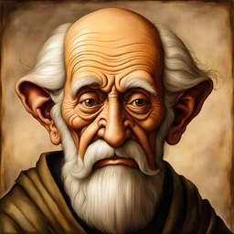 a Dutch Renaissance era caricature illustration of a wizened and aged elder, highly detailed facial features, painted in the style of Pieter Brueghel the Elder and Hieronymus Bosch, aged canvas, craquelure finish, archaic masterpiece, 4k