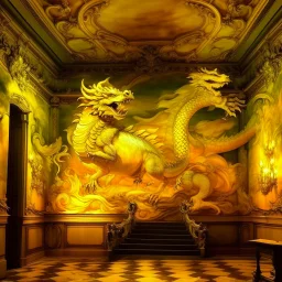 A yellow palace with glowing light dragons painted by Michelangelo di Lodovico Buonarroti Simoni
