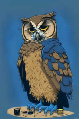 hangover from a night of heavy drinking, comic style, with a brown owl, (colour dark blue)