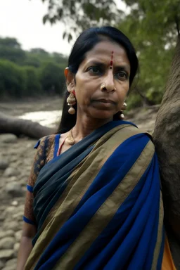 a woman wearing a modern saree, standing near a tree, long face