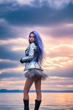 half body shot,realistic portrait of a 20-25 old caucasian model, long blue pink flowing hair, great grey eyes, blue leather jacket,full body, short white skirt,long legs,standing at beach of very nive lake with sunset ,clouds,godrayes