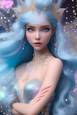 woman glitter blue fairy in a galactic ambiance, long blue hair, detailed gorgeous smile, delicate colors in the foreground, full of details, smooth, light effect，vaporwave colorful, smooth, extremely sharp detail, finely tuned detail, ultra high definition, 8 k, unreal engine 5, ultra sharpBeautyful smiling young woman, long hair amazing blue eyes, flowers, happy cosmic, bright colors, blue, pink, gold, jewels, realistic, photo real, clear sunny background, highly detailed, high contrast, 8k 