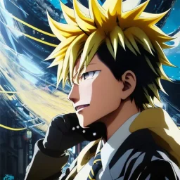 Detailed anime portrait of denki Kaminari my hero academia, yellow hair, black suit, intricate details, full body portrait, keep head in frame, slight smile, black Japanese motif, concept art, highly detailed, digital painting, concept art, sharp focus, illustration, art by Yoji Shinkawa, WLOP and greg rutkowski and alphonse mucha and artgerm and yanjun Chen and Junji ito and Makoto Shinkai, HDR, octane render