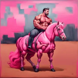 a big muscle man sitting on a pink horse.like 19th painting