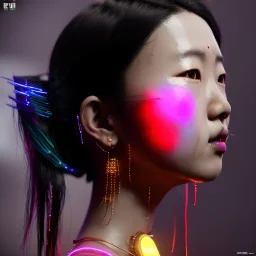 pretty cyber asian woman, cold ambient, latex, cables, purpurin, blood, black, gold, piercings, brown, decorative color feathers, circuits, neon style, a lot of led lights, fog, rain, vibrant color, highly detailed, art stations, concept art, smooth, unreal engine 5, god rays, ray tracing, RTX, lumen lighting, ultra detail, volumetric lighting, 3d, finely drawn, high definition, high resolution.