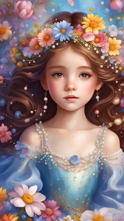 In the enchanting children's illustration, a beautiful and charming girl lies like a princess on a bed full of flowers and petals. She has shiny flowing brown hair, colorful flowers adorning her head, and glowing hazel eyes. She wears a blue dress completely covered with gorgeous delicate pearls, all surrounded by magical colorful flowers in a digital painting masterpiece of the best quality, featuring transparent colors and high detail.