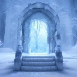 ethereal winter flowers, carved ice door at the end of ice steps, magical atmosphere, Beardsley, Unreal render, mdjourny v3 style, cinematic blue