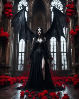 Facing front photography Gothic Art Style realistic Full body,creepy Vampire ghost woman long hair straddle wings bat she on standing on creepy,in mystery palace vampire,red roses flowers sorrounded background,dramatic angle, extreme angle shot, trypophobia, horror