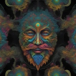 T-shirt design graphics on black background, Parametric structure, vivid colors, fluorescent, DMT, bioluminescent, frontal bearded man Head in mandelbrot style, Escher style, intricated details, cyberpunk, few colors, surreal, symmetrical, high contrast