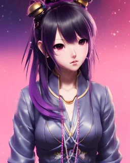 Detailed cute anime Kunoichi Christmas girl, purple hair buns, purple bangs, Christmas style colours, intricate details, full body portrait, keep head in frame, slight smile, black Japanese motif, concept art, highly detailed, digital painting, concept art, sharp focus, illustration, art by Yoji Shinkawa, WLOP and greg rutkowski and alphonse mucha and artgerm and yanjun Chen and Junji ito and Makoto Shinkai, HDR, octane render