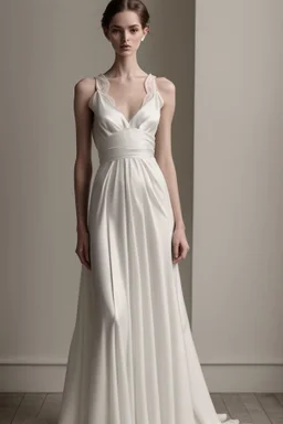 White wedding dress in silk and lace exposed from the shoulders and waist Photorealistic