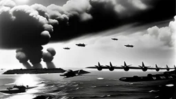 طائرات يابانية تقصف بيرل هاربر، مما أدى إلى دخول الولايات المتحدة الحرب العالمية الثانية.