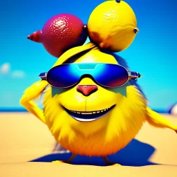 lemon wearing sunglasses, relaxing on the beach, pixar movie still, 3d, realistic render, hyperdetailed