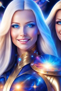 cosmic woman smile, admiral from the future, one fine whole face, crystalline skin, expressive blue eyes,rainbow, smiling lips, very nice smile, costume pleiadian, Beautiful tall woman pleiadian Galactic commander, ship, perfect datailed golden galactic suit, high rank, long blond hair, hand whit five perfect detailed finger, amazing big blue eyes, smilling mouth, high drfinition lips, cosmic happiness, bright colors, blue, pink, gold, jewels, realist, high commander