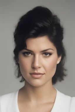 1980's yearbook photo, teenage girl, Gina Carano, 18 years old, black hair, 80's hairstyle, photorealistic, --ar 9:16 --style raw,