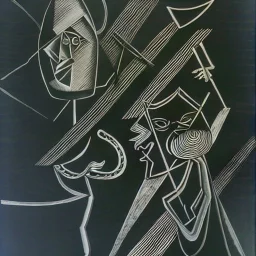 drawn in single line by Nicolai Blatter with hatch with parallel wavy lines metal engraving with spanish man dance procession in salvador dali style or picasso style