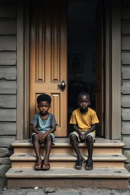 A one year old boy and a one year black boy , sitting on the door 3 steps of the an old paints cracked house door , in the background a room with old woman sitting on the couch , insanely detailed octane render trending on artstation, 8k artistic photography, photorealistic concept art, soft natural volumetric cinematic perfect light, chiaroscuro, award-winning photograph, masterpieces, oil on canvas, Raphael, Caravaggio, Greg Rutkowski, people,