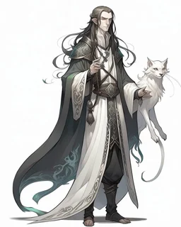 a young High Elf frost Wizard with long wiry hair, wearing a black trimmed white nobleman's robe and frost ornaments on clothes, with a small weasel on his shoulder