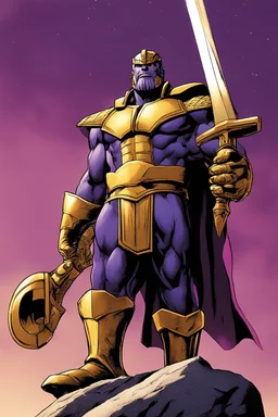 Thanos, the commander of the army of aliens and the king of the entire galaxy, is ready to go on a campaign with his two large swords, his very beautiful and impenetrable armor with his golden helmet, standing on top of a hill with his sword with infinity gauntlet