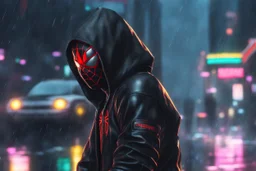 Miles morales in 8k nier automata drawing style, cyberpunk suit them, cinematic mood, neon effect, close picture, rain, highly detailed, high details, detailed portrait, masterpiece,ultra detailed, ultra quality
