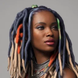 portrait of a beautiful black woman, with dreads, blue eyes, silver skin, colorful hair,